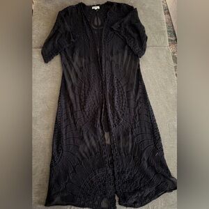 Rebellion Again Black Sheer Crochet Kimono Cardigan Boho Cover Up Sz Small